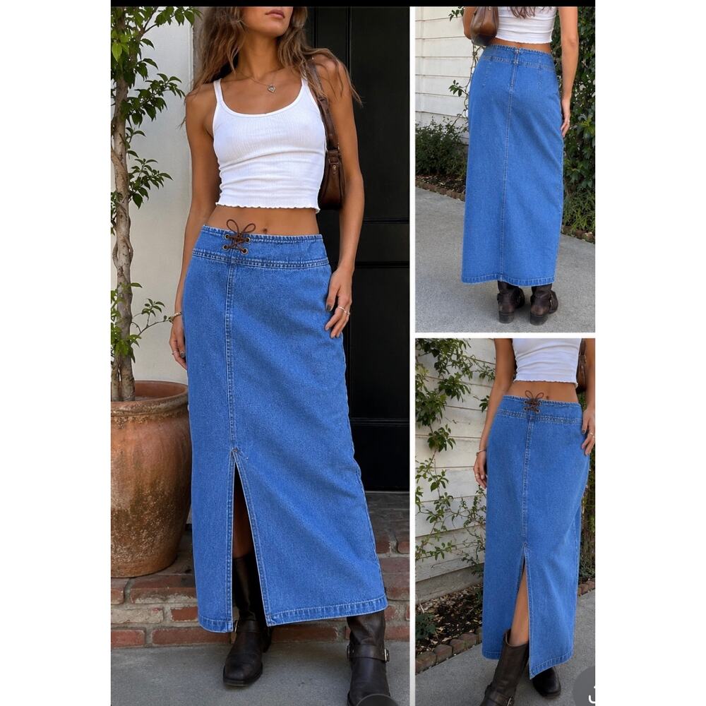 Vintage Studio VS Y2K Denim Maxi Skirt Lace Up Front Slit Blue Jean Skirt Sz 10